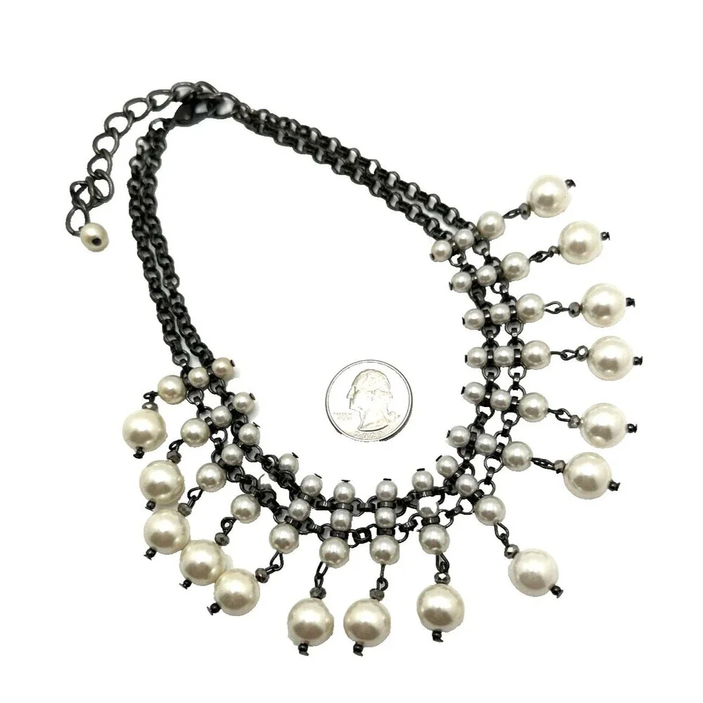 Vintage Faux Pearl Dangle Collar Necklace Black Chain Tribal Choker 14